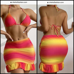 Women Sexy Gradient Bikini Skirt Cover Up Set