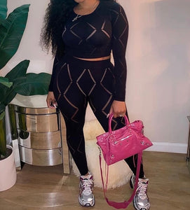 Women Sexy Hollow Out Full Sleeve Crop Two Piece Pant Set