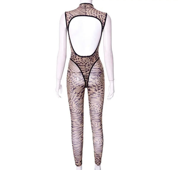 Women Printed Mesh Sleeveless Sexy Bodysuit Two Piece Pant Set