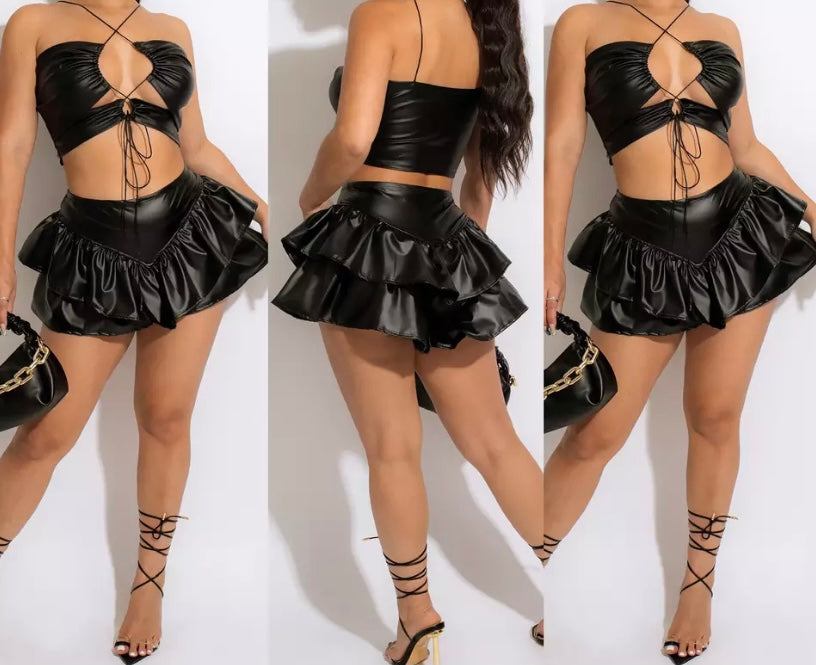 Women Sexy Halter PU Two Piece Ruffled Skirt Set