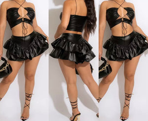 Women Sexy Halter PU Two Piece Ruffled Skirt Set
