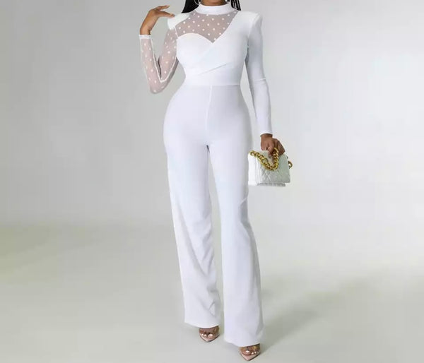 Women Full Sleeve Dot Mesh Patchwork Jumpsuit