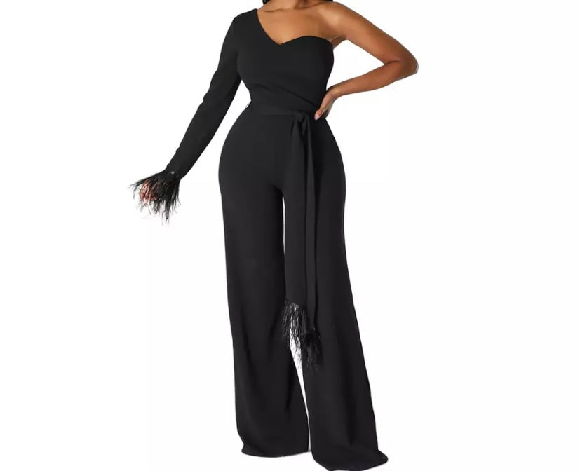 Women One Shoulder Full Sleeve Feather Fashion Jumpsuit