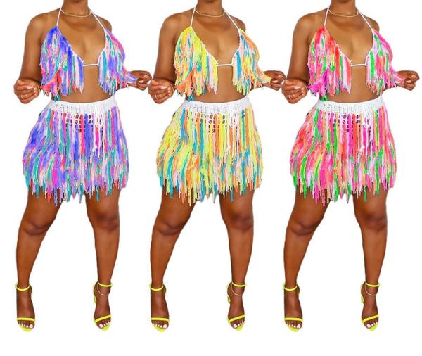 Women Sexy Multicolored Yarn Tassel Sleeveless Two Piece Skirt Set