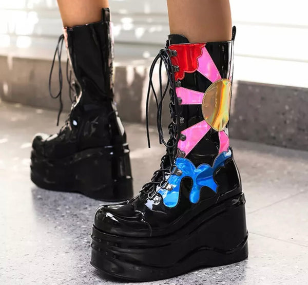 Women Fashion Platform Patent Leather Colorful Print Boots