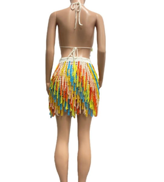 Women Sexy Multicolored Yarn Tassel Sleeveless Two Piece Skirt Set