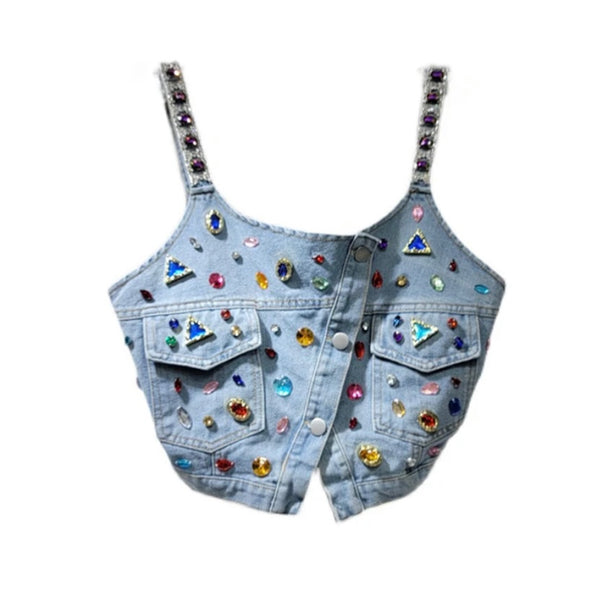 Women Fashion Sleeveless Crystal Button Up Denim Crop Top