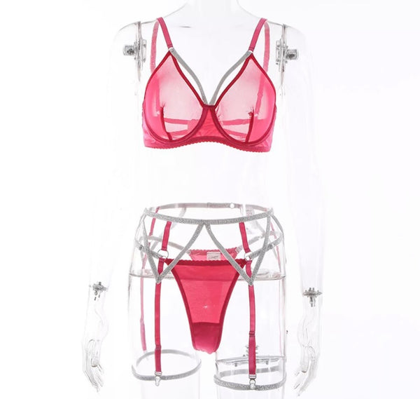 Women Sexy Pink & Silver Lingerie Set