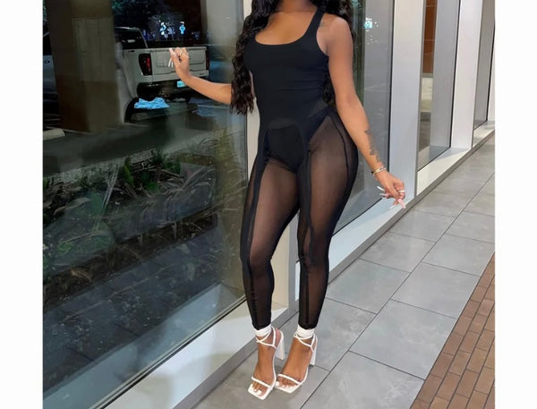 Women Sexy Fashion Sleeveless Tank Two Piece Mesh Pant Set
