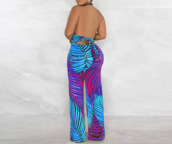 Women Sexy Halter Multicolored Tropical Print Jumpsuit