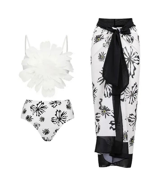 Women Sexy B&W Printed Bikini/Swimsuit Cover Up Set