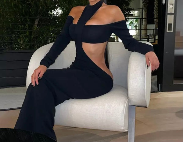 Women Sexy Black Halter Full Sleeve Cut Out Maxi Dress