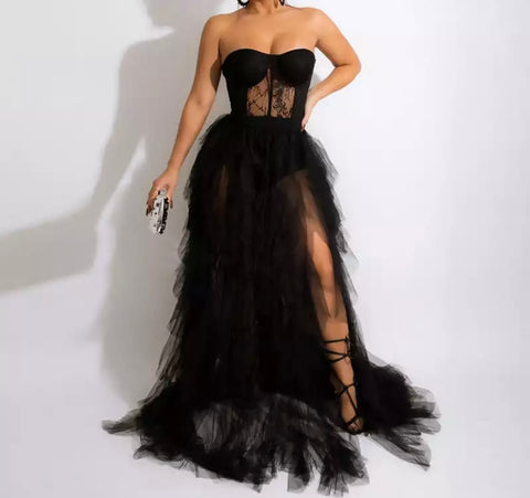 Women Strapless Sexy Lace Tulle Dress