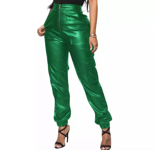 Women Fashion High Waist PU Pants