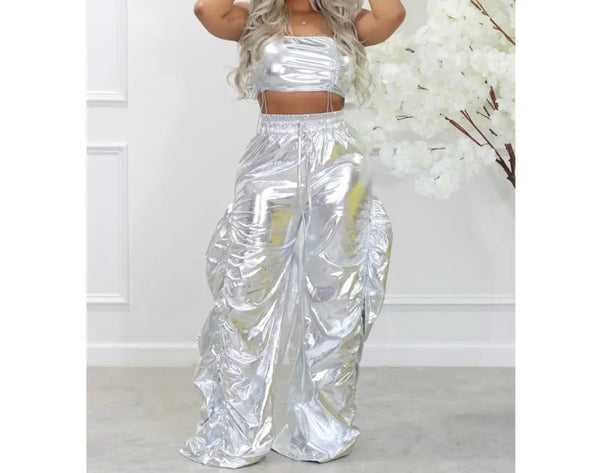 Women Sexy Sleeveless Metallic Ruffled Two Piece Pant Set