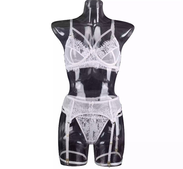 Women White Lace Mesh Sexy Lingerie Set