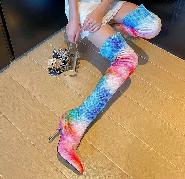 Women Bling Tie Dye Over The Knee Boots