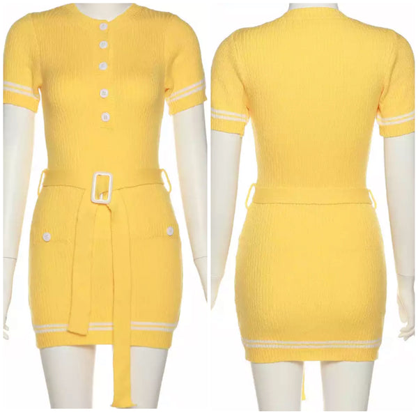 Women Yellow Belted Short Sleeve Dress