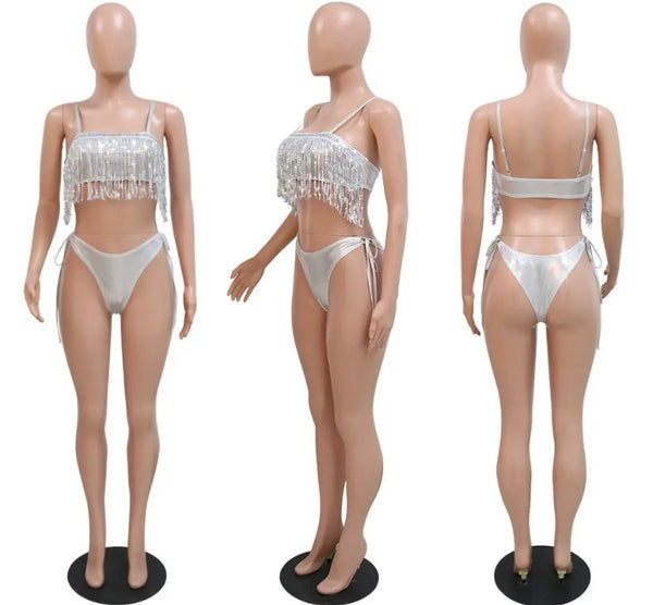 Women Sexy PU Tassel Bikini Swimsuit