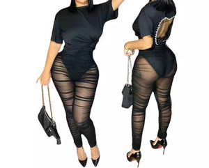 Women Sexy Black Mesh Two Piece Open Back Pant Set