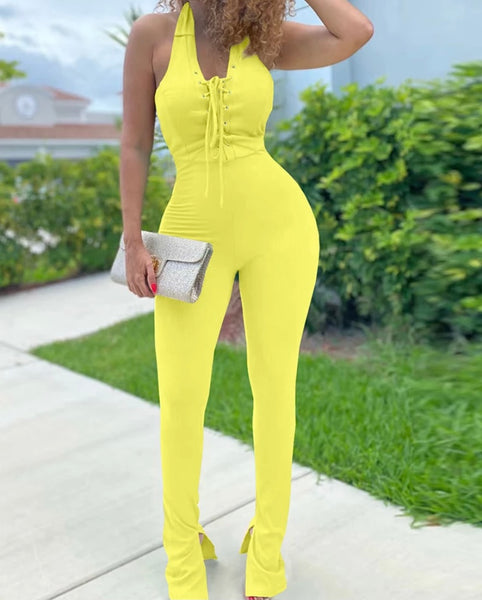 Women Sexy Halter Lace Up Solid Color Jumpsuit