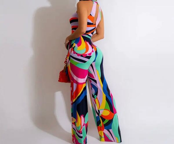 Women Sleeveless Colorful Print Belted Wide Leg Jumpsuit