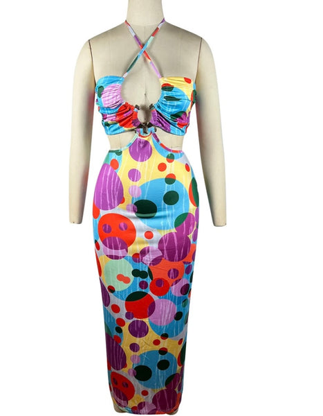 Women Halter Multicolored Print Cut Out Maxi Dress