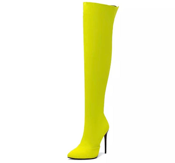 Women Color Pointed Toe High Heel Over The Knee Boots