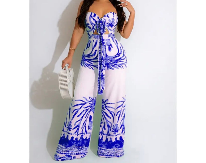 Women Printed Strapless Tie Up Jumpsuit