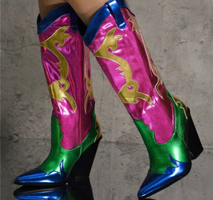 Women Multicolored Fashion Knee High Western Boots