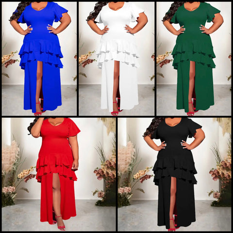 Women Sexy Short Sleeve Front Slit Ruffled Maxi Dress