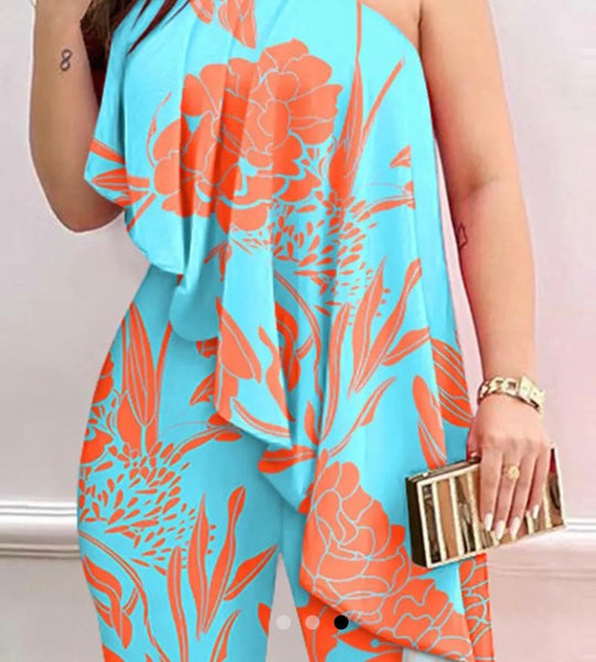 Women One Shoulder Printed Sexy Two Piece Pant Set