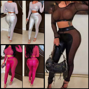 Women Sexy Mesh PU Patchwork Full Sleeve Two Piece Pant Set