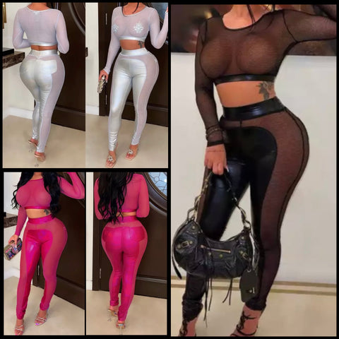 Women Sexy Mesh PU Patchwork Full Sleeve Two Piece Pant Set