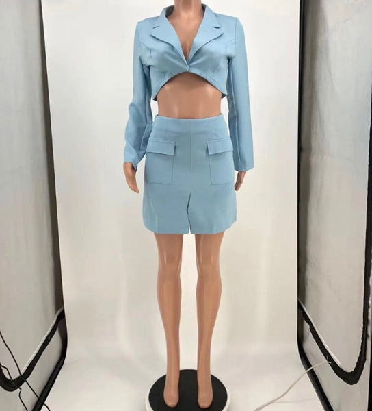 Women Solid Color Full Sleeve Crop Blazer Two Piece Skirt Set