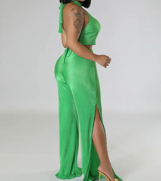 Women Sexy Sleeveless Tie Up Back Two Piece Side Slit Pant Set