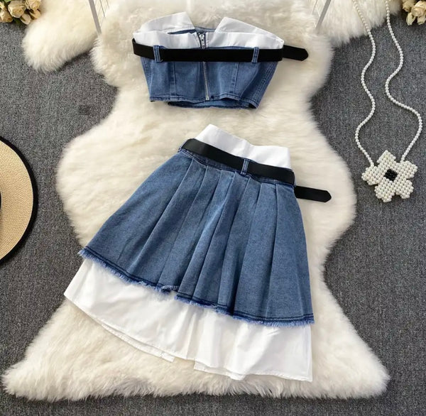 Women Sexy Buckled Strapless Pleated Two Piece Skirt Set