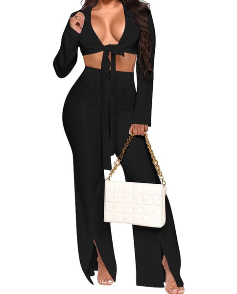 Women Sexy Tie Up Full Sleeve Crop Two Piece Pant Set