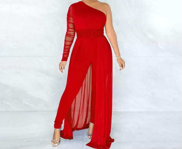 Women One Shoulder Mesh Patchwork Jumpsuit