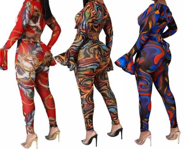 Women Sexy Crop Multicolored Print Two Piece Pant Set