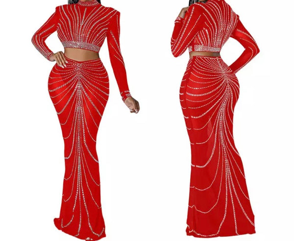 Women Bling Sexy Full Sleeve Crop Two Piece Maxi Skirt Set