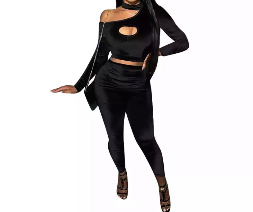 Women Sexy Two Piece Velour One Shoulder Crop Pant Set