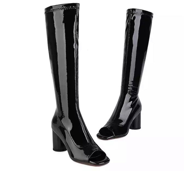 Women Peep Toe Patent Leather Knee High Boots