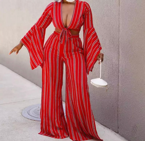 Women Striped Fashion Full Sleeve Two Piece Side Split Pant Set