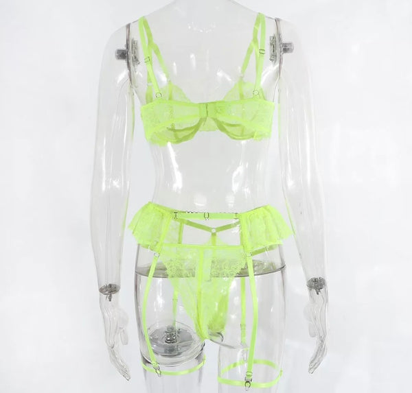 Women Sexy Neon Lace Chain Lingerie Set