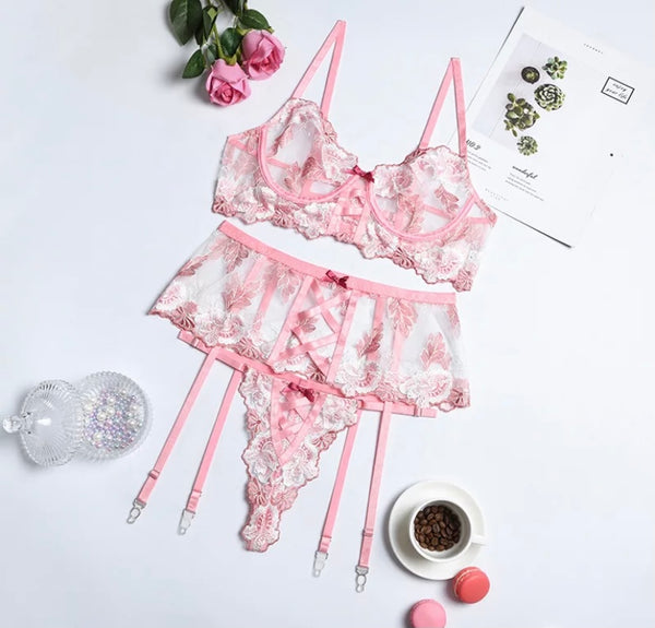 Women Sexy Floral Pink Mesh Lingerie