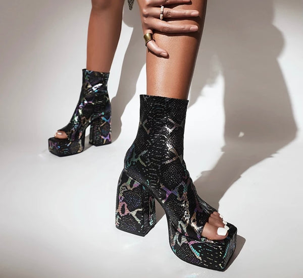 Women Peep Toe Platform Printed Fashion Ankle Boots