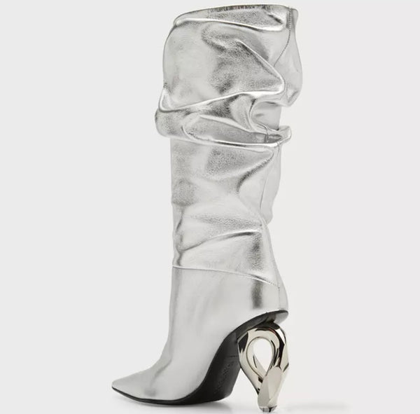 Women Ruched Pointed Toe Fashion Metal Heel Mid-Calf Boots