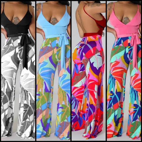 Women Sexy Sleeveless Open Back Printed Wide Leg Jumpsuit