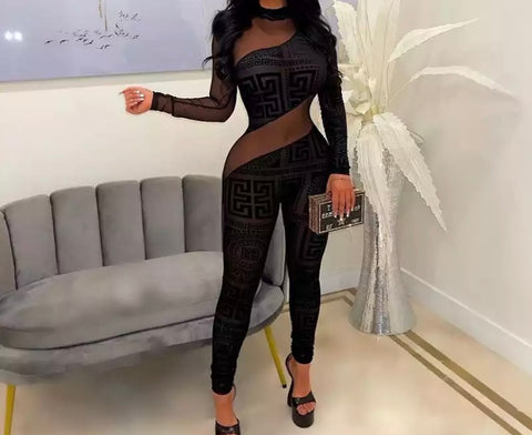Women Fashion Full Sleeve Printed Mesh Black Jumpsuit